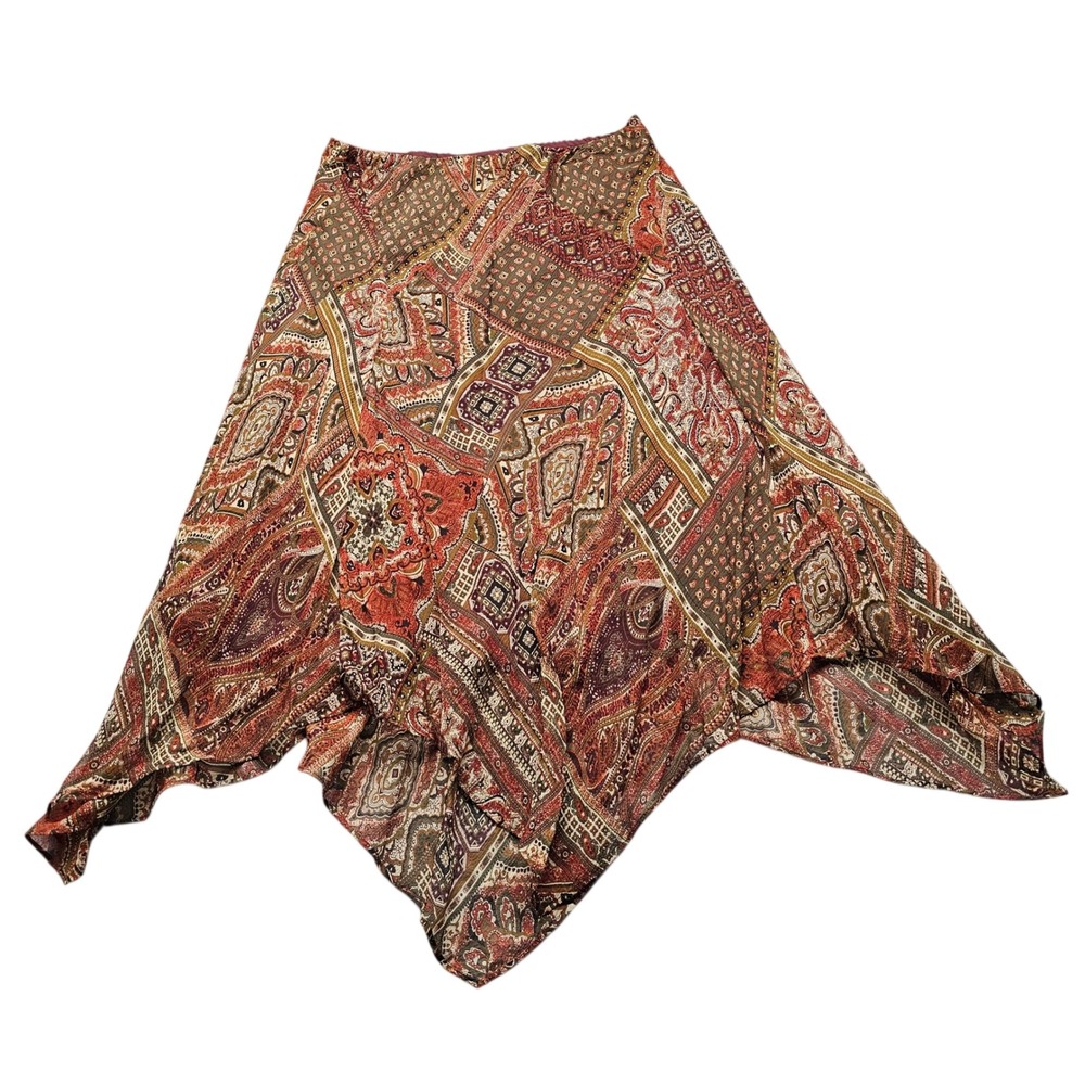 Charter Club Petite Silk Handkerchief Hem Skirt 6P Brown Paisley Patchwork Boho